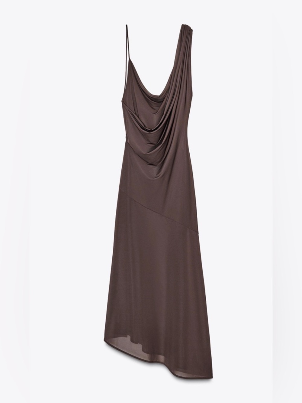 ZARA Chocolate Brown Asymmetrical Draped Strap Maxi Dress w/ Built-In Bodysuit - Picture 6 of 11